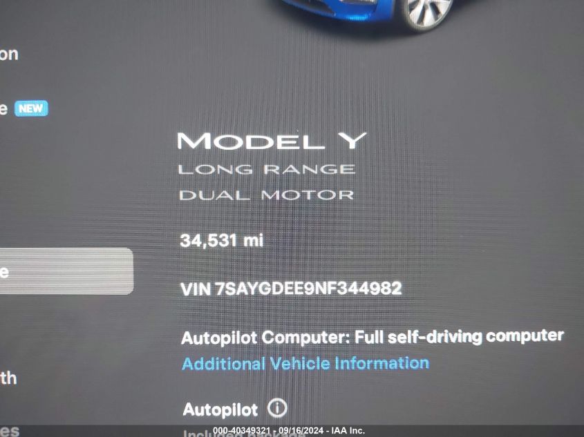 2022 Tesla Model Y Long Range Dual Motor All-Wheel Drive VIN: 7SAYGDEE9NF344982 Lot: 40349321