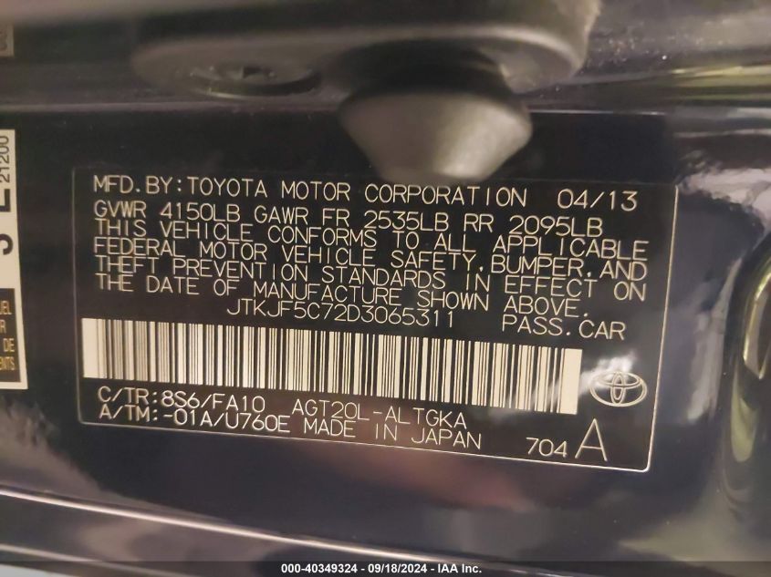 2013 Scion Tc Base (A6) VIN: JTKJF5C72D3065311 Lot: 40349324