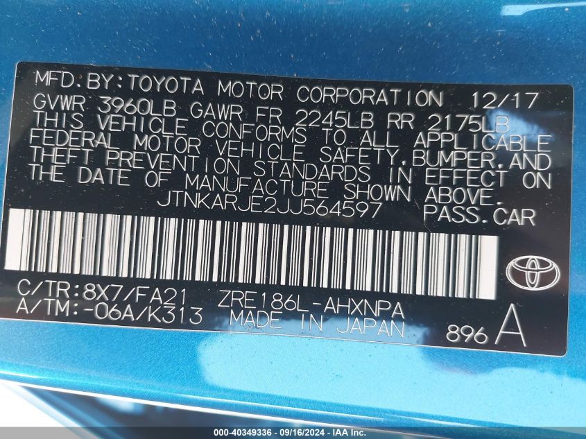 2018 Toyota Corolla Im VIN: JTNKARJE2JJ564597 Lot: 40349336