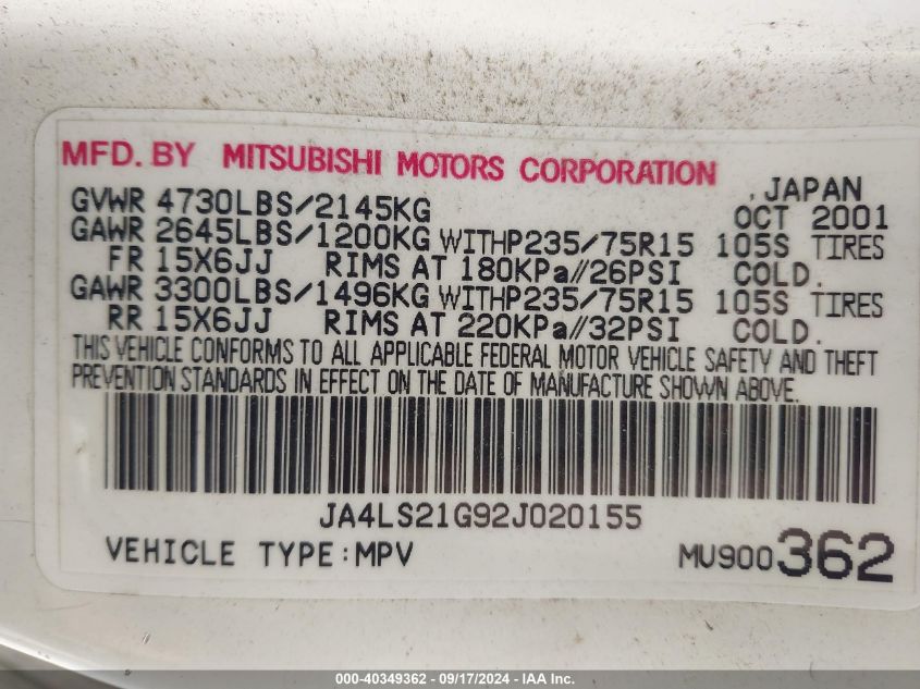 2002 Mitsubishi Montero Sport VIN: JA4LS21G92J020155 Lot: 40349362