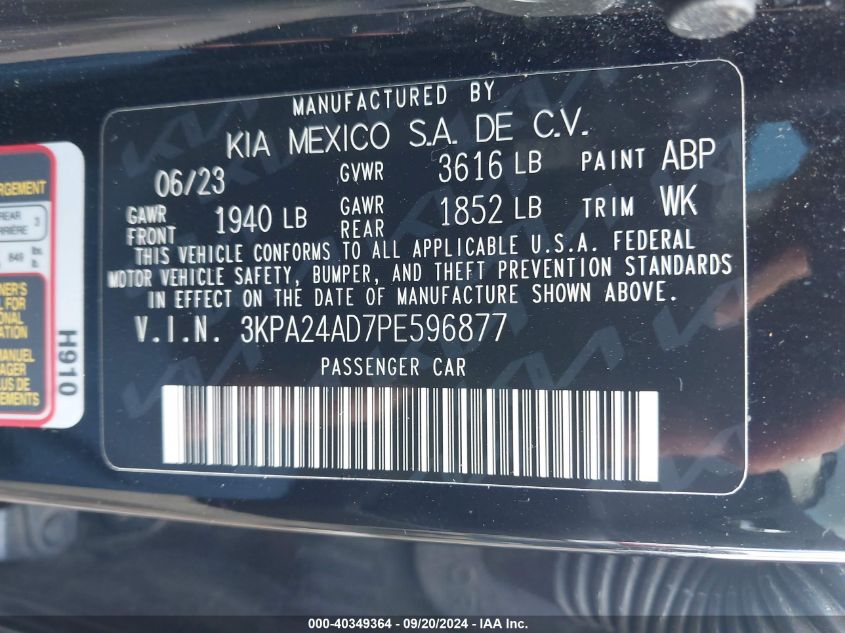 2023 Kia Rio Lx VIN: 3KPA24AD7PE596877 Lot: 40349364