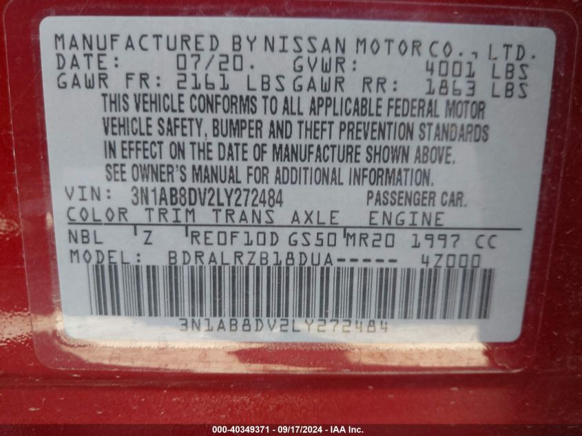 2020 Nissan Sentra Sr Xtronic Cvt VIN: 3N1AB8DV2LY272484 Lot: 40349371