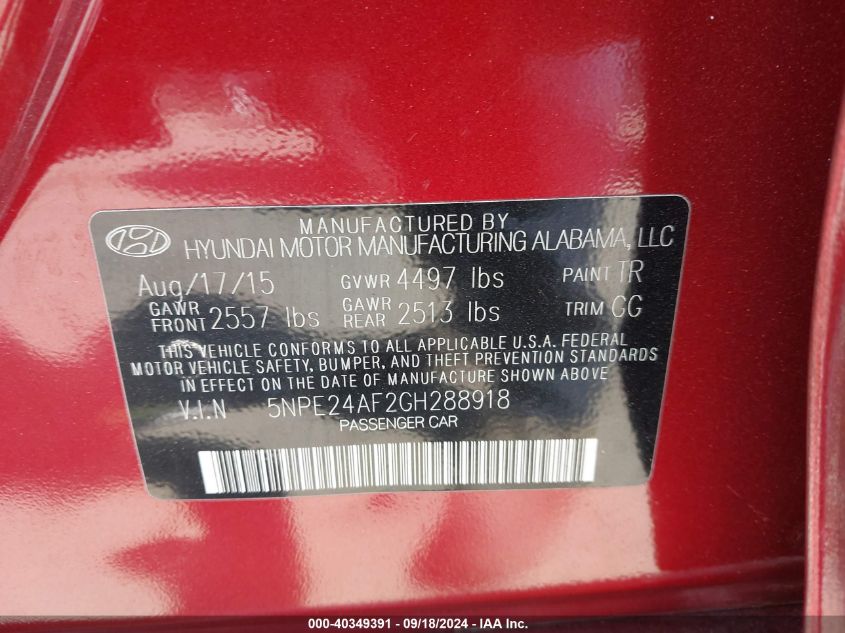 5NPE24AF2GH288918 2016 Hyundai Sonata Se