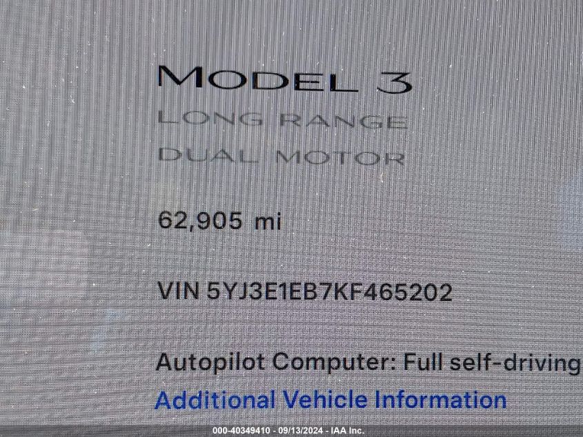 2019 Tesla Model 3 VIN: 5YJ3E1EB7KF465202 Lot: 40349410