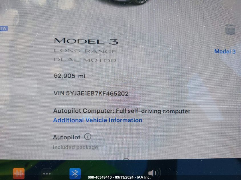 2019 Tesla Model 3 VIN: 5YJ3E1EB7KF465202 Lot: 40349410