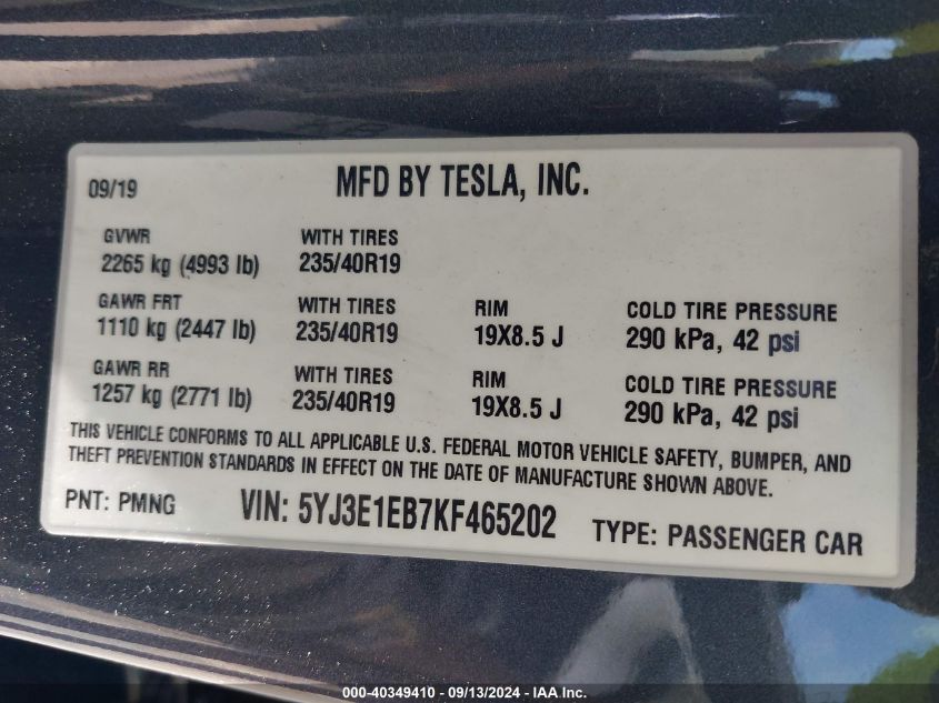 2019 Tesla Model 3 VIN: 5YJ3E1EB7KF465202 Lot: 40349410