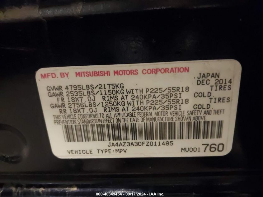 2015 Mitsubishi Outlander Se VIN: JA4AZ3A30FZ011485 Lot: 40349454