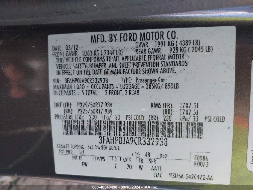 2012 Ford Fusion Sel VIN: 3FAHP0JA9CR332938 Lot: 40349498