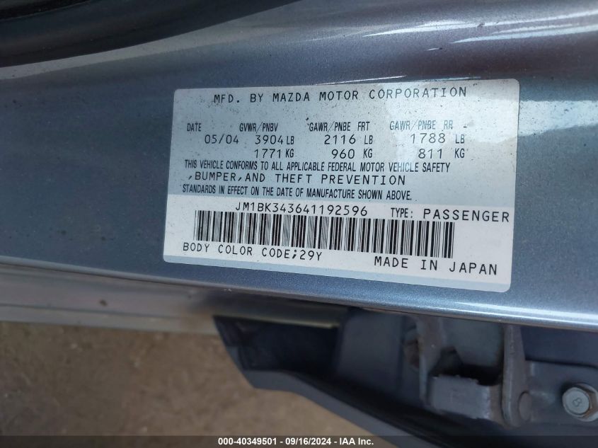 JM1BK343641192596 2004 Mazda Mazda3 S