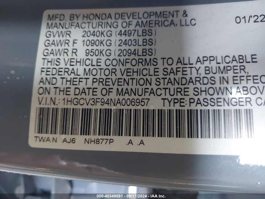 1HGCV3F94NA006957 2022 Honda Accord Hybrid Touring