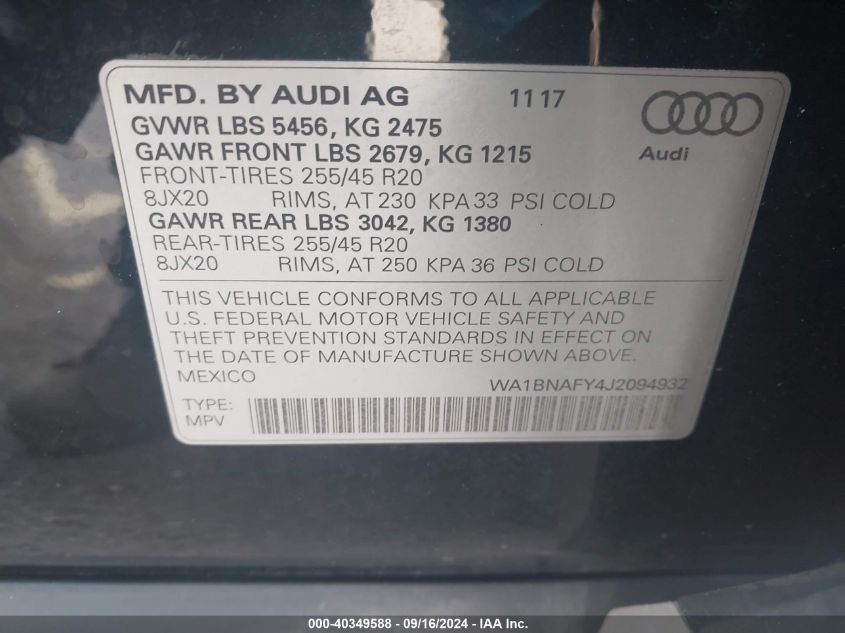 2018 Audi Q5 Premium Plus VIN: WA1BNAFY4J2094932 Lot: 40349588