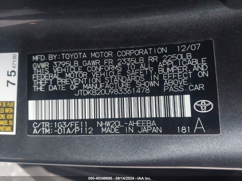 2008 Toyota Prius VIN: JTDKB20U983361478 Lot: 40349695