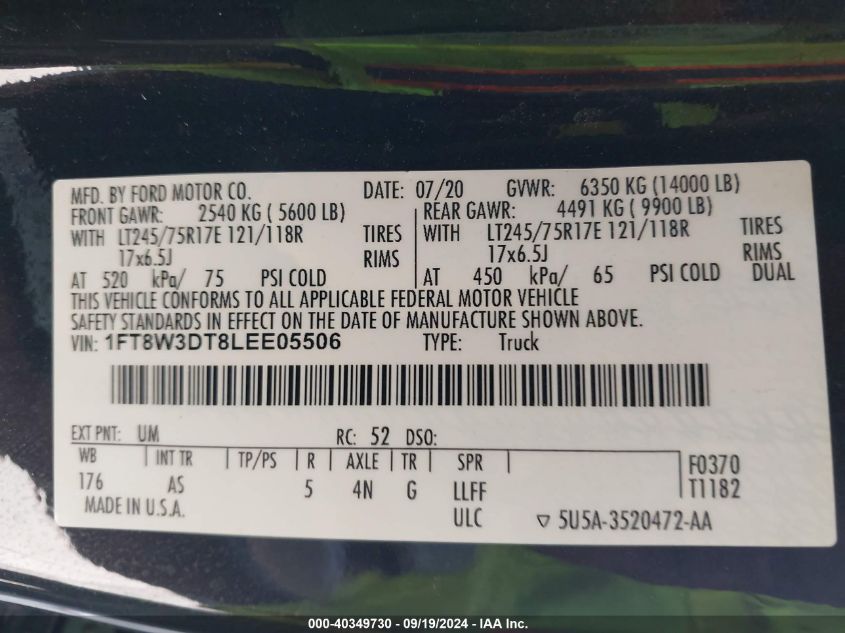 2020 Ford F-350 Xl VIN: 1FT8W3DT8LEE05506 Lot: 40349730