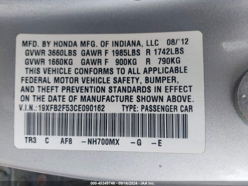 2012 Honda Civic Lx VIN: 19XFB2F53CE090162 Lot: 40349746