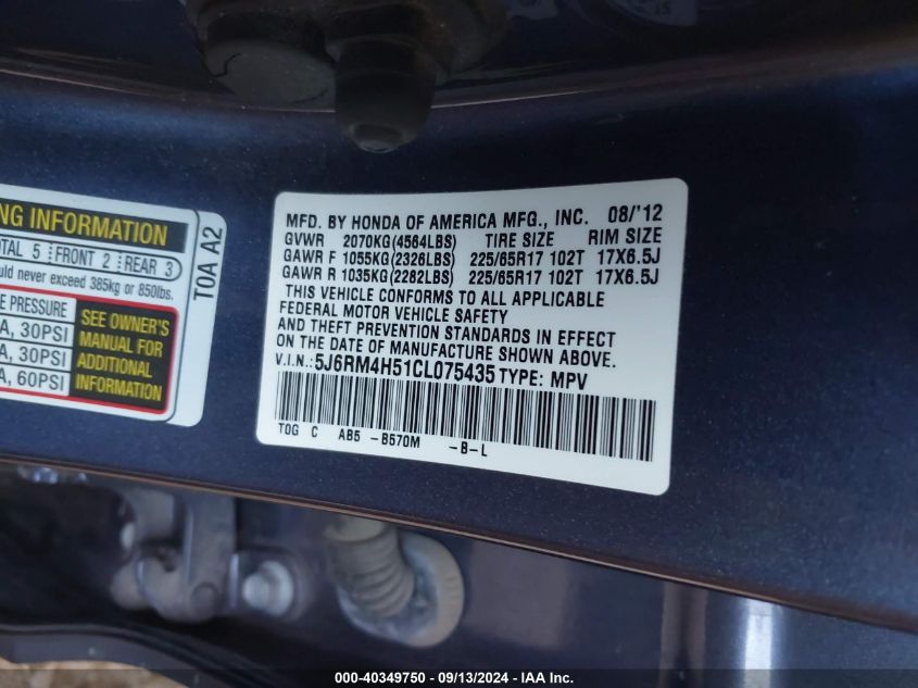 2012 Honda Cr-V Ex VIN: 5J6RM4H51CL075435 Lot: 40349750