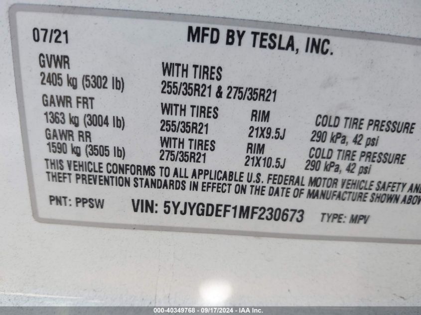 5YJYGDEF1MF230673 2021 Tesla Model Y Performance Dual Motor All-Wheel Drive