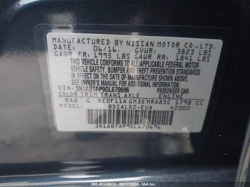 3N1AB7AP9GL670696 2016 Nissan Sentra S/Sv/Sr/Sl