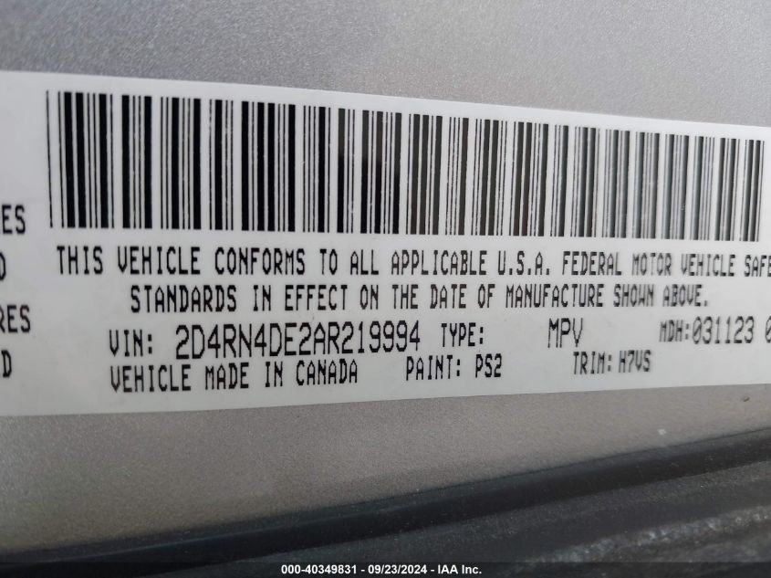 2010 Dodge Grand Caravan Se VIN: 2D4RN4DE2AR219994 Lot: 40349831