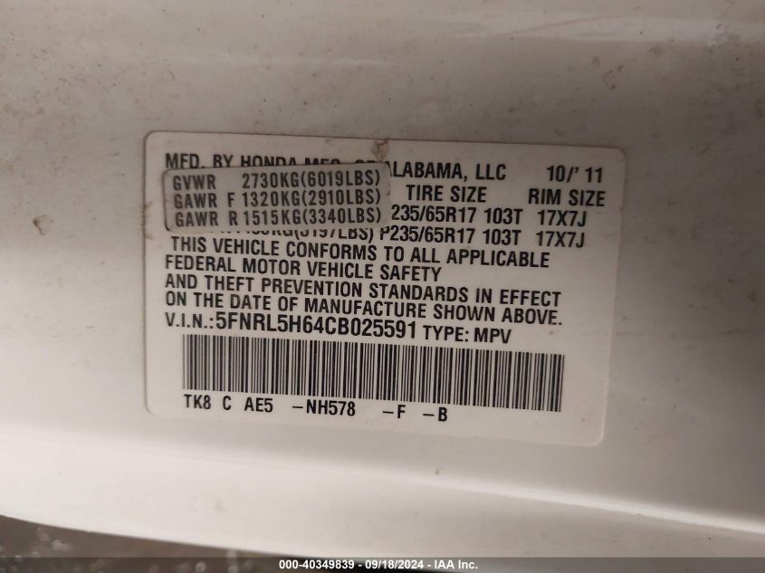 2012 Honda Odyssey Ex-L VIN: 5FNRL5H64CB025591 Lot: 40349839