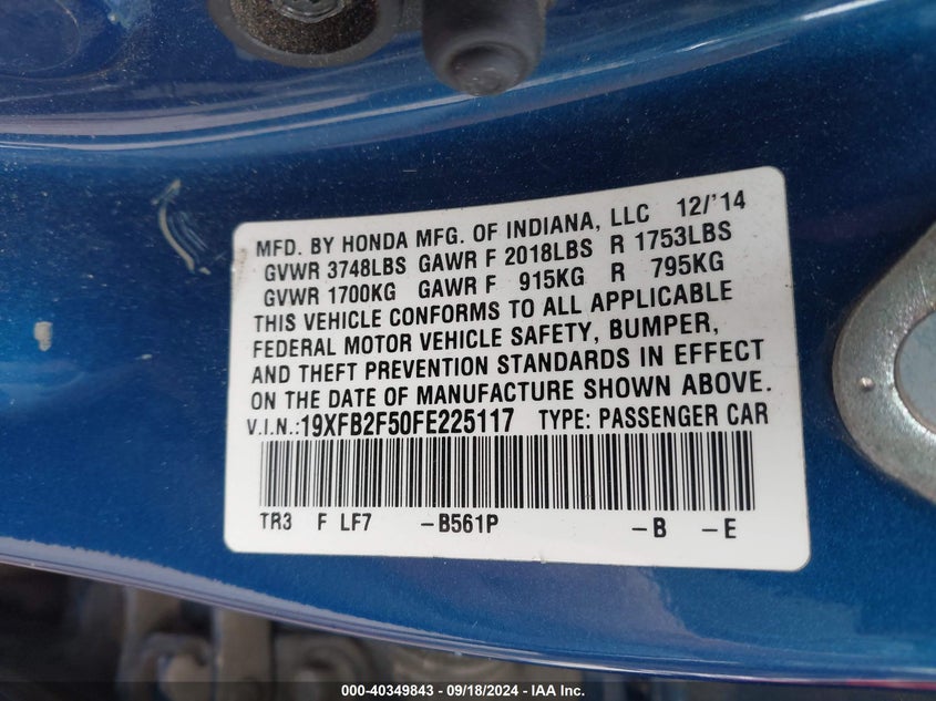 2015 HONDA CIVIC LX - 19XFB2F50FE225117