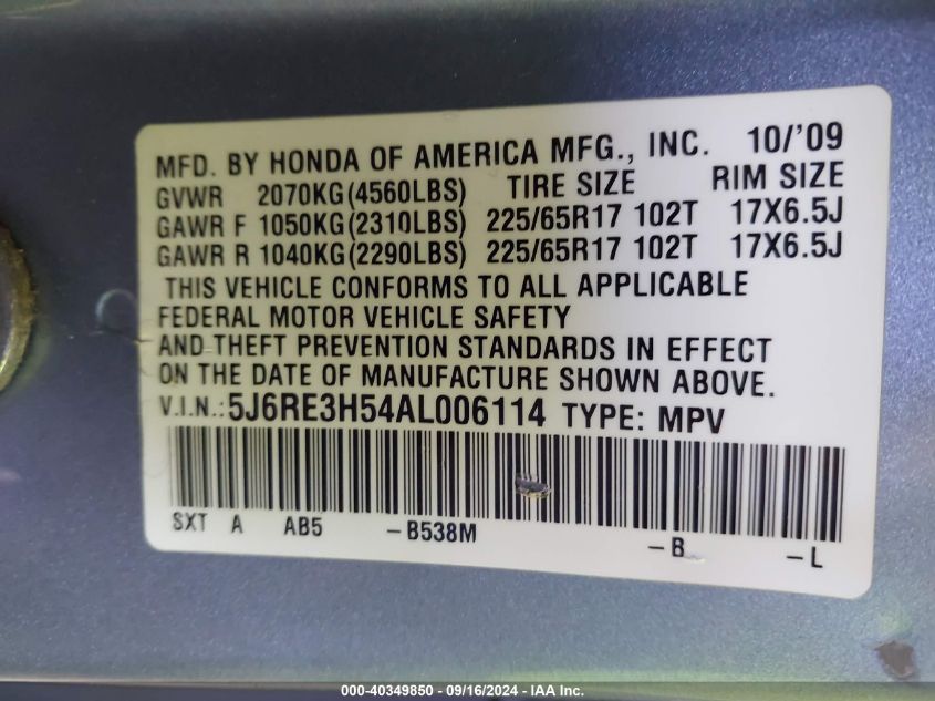 2010 Honda Cr-V Ex VIN: 5J6RE3H54AL006114 Lot: 40349850