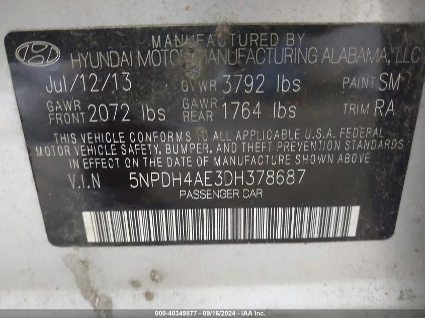 5NPDH4AE3DH378687 2013 Hyundai Elantra Gls