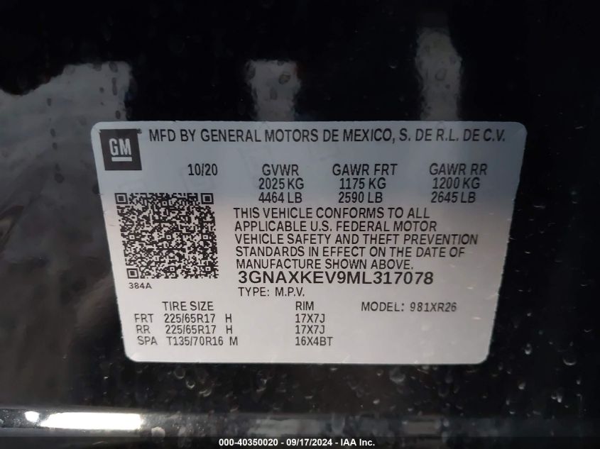 3GNAXKEV9ML317078 2021 Chevrolet Equinox Fwd Lt