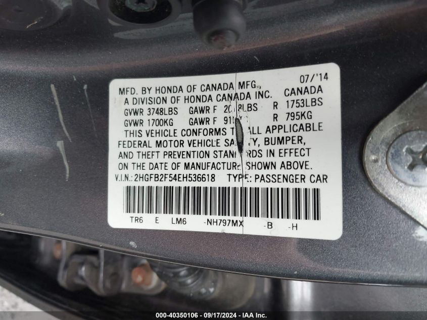 2HGFB2F54EH536618 2014 Honda Civic Lx