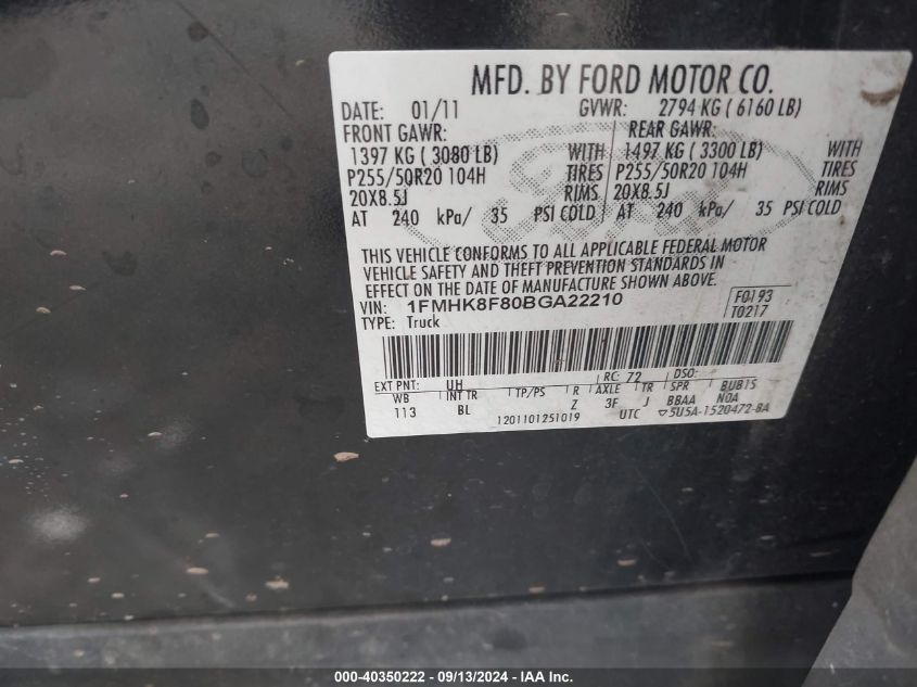 1FMHK8F80BGA22210 2011 Ford Explorer Limited