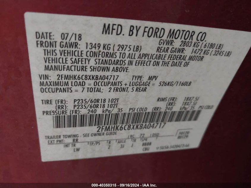 2FMHK6C8XKBA04717 2019 Ford Flex Sel