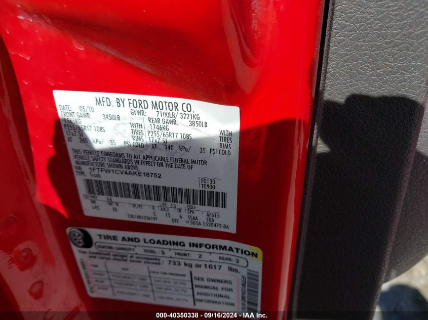 2010 Ford F-150 Fx2 Sport/Harley-Davidson/King Ranch/Lariat/Platinum/Xl/Xlt VIN: 1FTFW1CV4AKE18752 Lot: 40350338