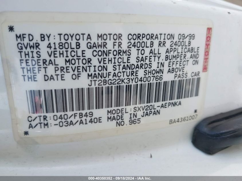 JT2BG22K3Y0400766 2000 Toyota Camry Le