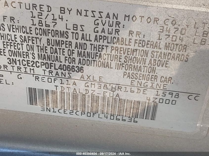 3N1CE2CP0FL406636 2015 Nissan Versa Note S (Sr)/S Plus/Sl/Sr/Sv