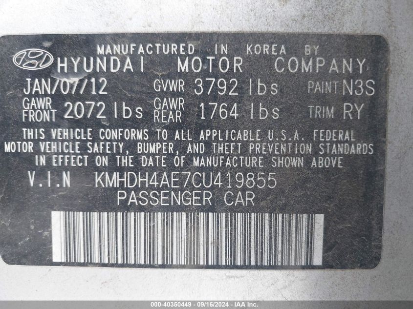 KMHDH4AE7CU419855 2012 Hyundai Elantra Limited (Ulsan Plant)