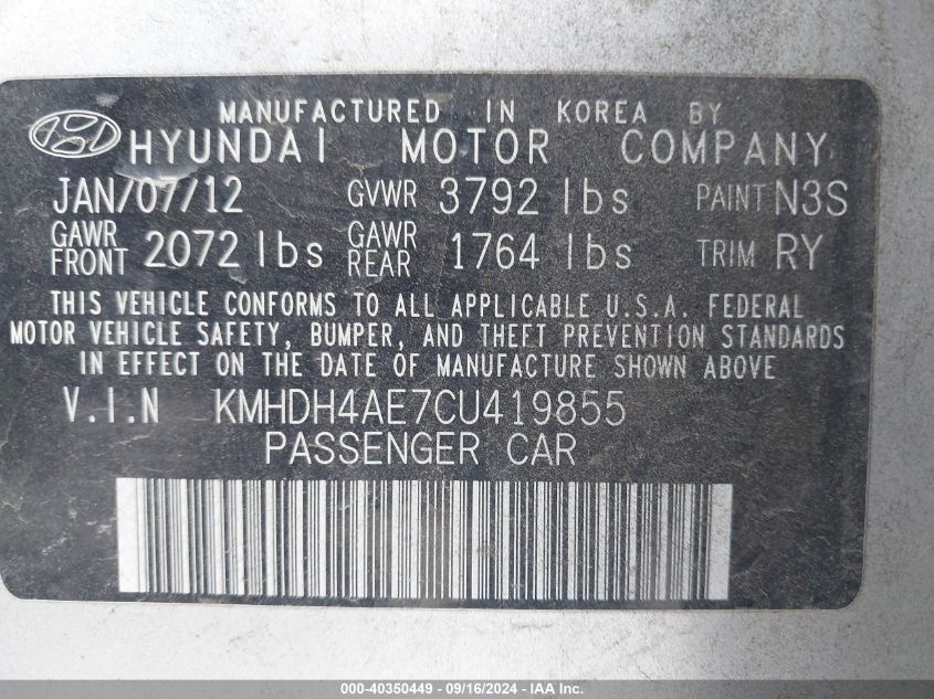 2012 Hyundai Elantra Limited (Ulsan Plant) VIN: KMHDH4AE7CU419855 Lot: 40350449