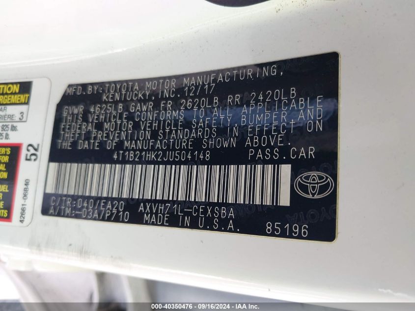 4T1B21HK2JU504148 2018 Toyota Camry Hybrid/Le/Xle/Se