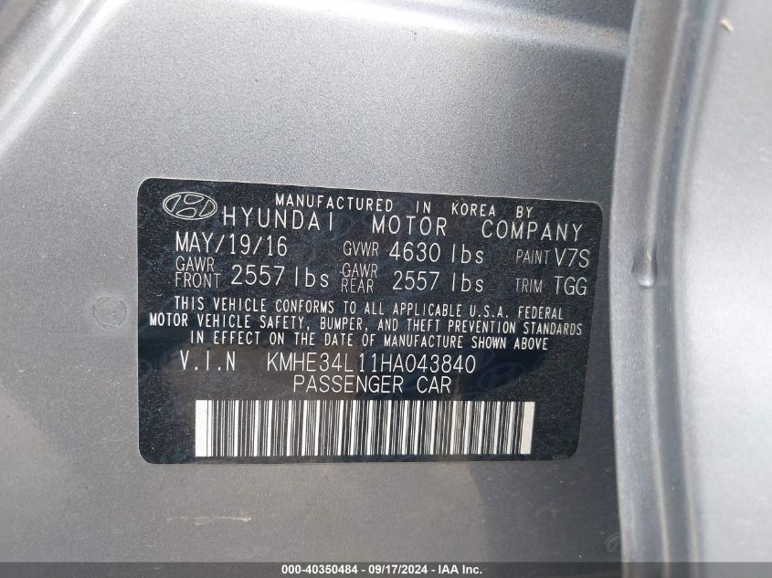 KMHE34L11HA043840 2017 Hyundai Sonata Hybrid Limited