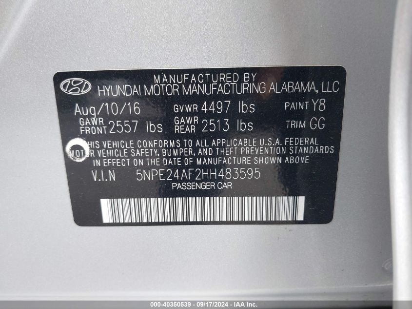 5NPE24AF2HH483595 2017 Hyundai Sonata Se