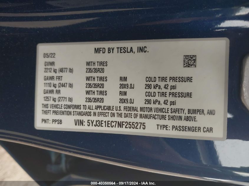 2022 Tesla Model 3 Performance Dual Motor All-Wheel Drive VIN: 5YJ3E1EC7NF255275 Lot: 40350564