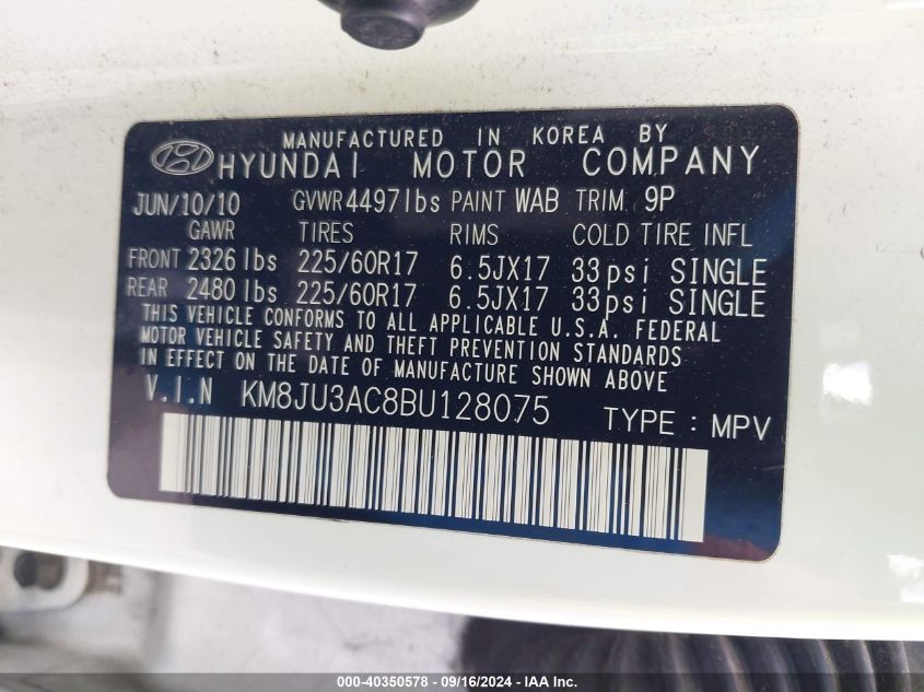 KM8JU3AC8BU128075 2011 Hyundai Tucson Gls