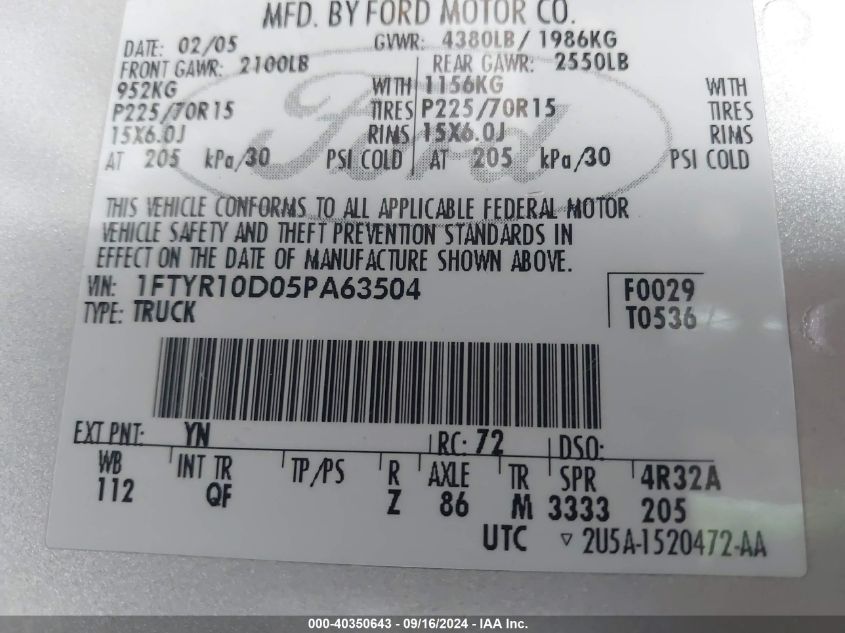 1FTYR10D05PA63504 2005 Ford Ranger Xl/Xls/Xlt