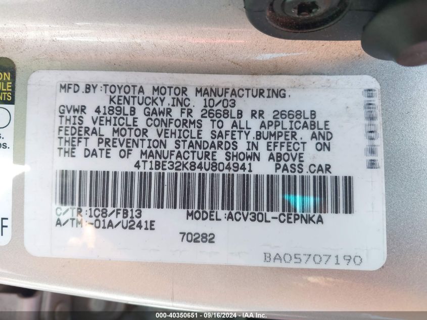 4T1BE32K84U804941 2004 Toyota Camry Le