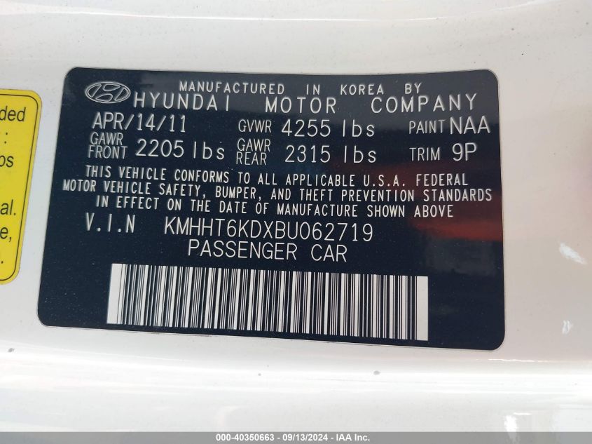 2011 Hyundai Genesis 2.0T Premium VIN: KMHHT6KDXBU062719 Lot: 40350663