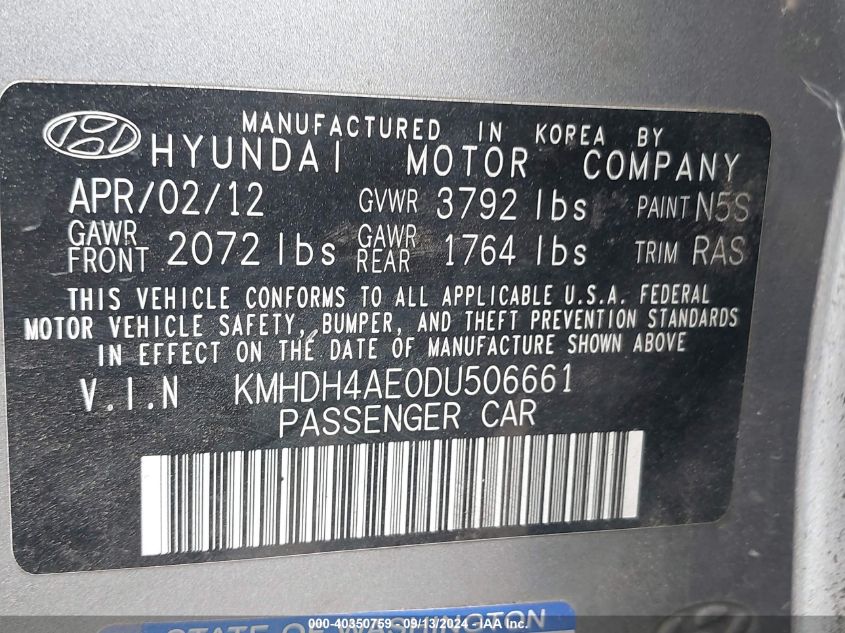 2013 Hyundai Elantra Limited VIN: KMHDH4AE0DU506661 Lot: 40350759