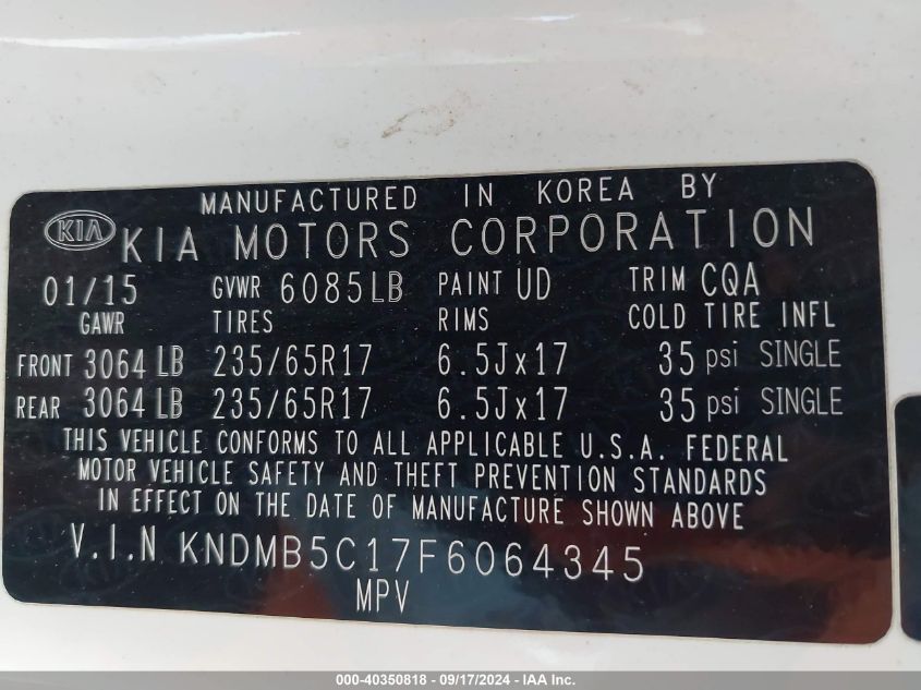 KNDMB5C17F6064345 2015 Kia Sedona Lx