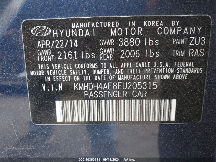 2014 Hyundai Elantra Se/Sport/Limited VIN: KMHDH4AE8EU205315 Lot: 40350831