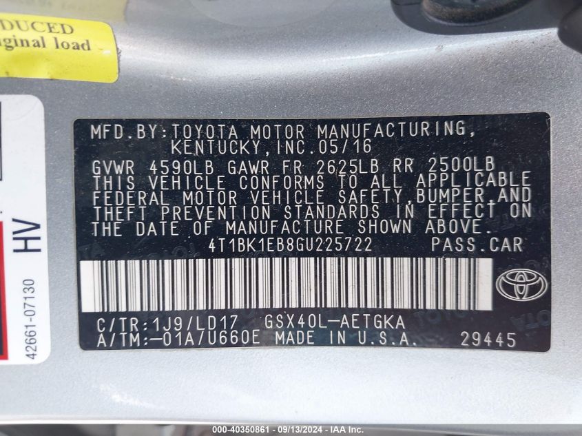 2016 TOYOTA AVALON XLE - 4T1BK1EB8GU225722