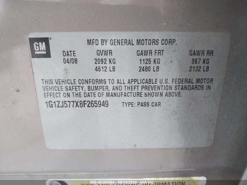 1G1ZJ577X8F265949 2008 Chevrolet Malibu Lt