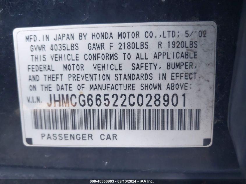 JHMCG66522C028901 2002 Honda Accord 2.3 Lx