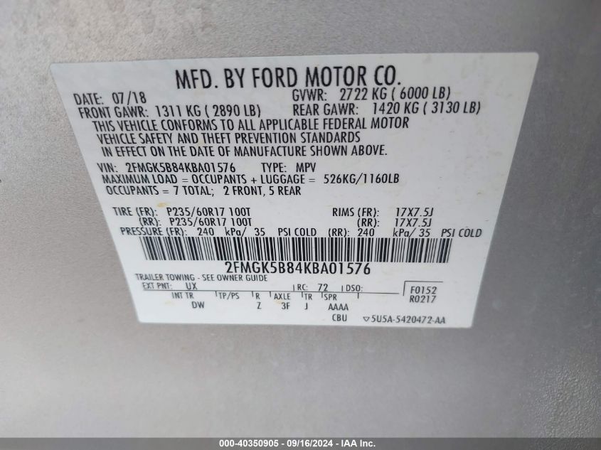 2019 Ford Flex Se VIN: 2FMGK5B84KBA01576 Lot: 40350905